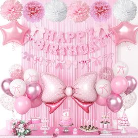 FunHot pink bow banner elevates birthday décor with whimsical charm.
