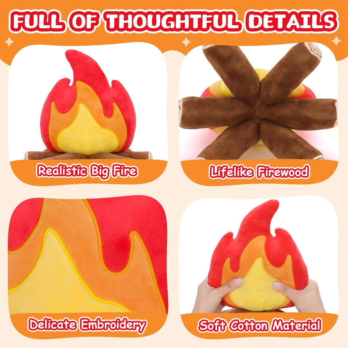 FunisFun campfire plush fabric close-up shows ultra-soft cotton touch.