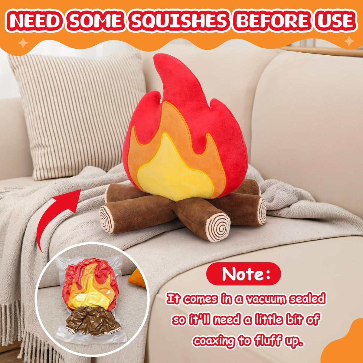 FunisFun campfire plush with lit faux flame adds warm ambience.
