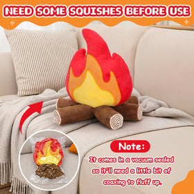 FunisFun campfire plush with lit faux flame adds warm ambience.