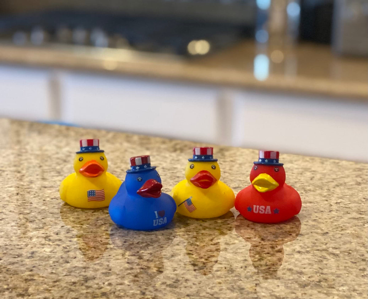 Funiverse 2-inch patriotic ducks, perfect for goody bags and classroom prizes.