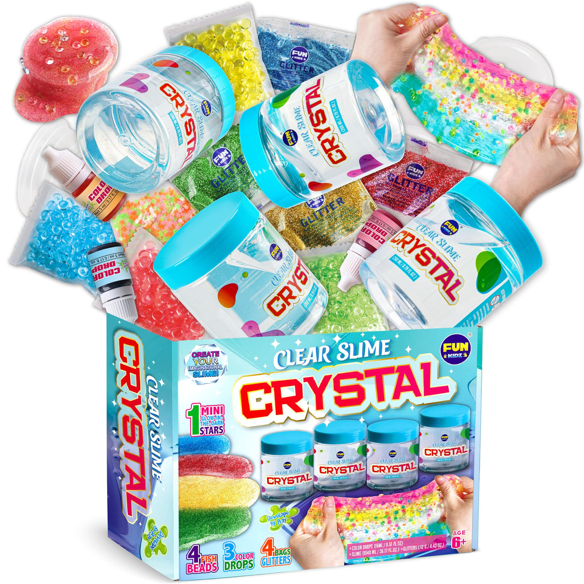 FUN KIDZ clear slime four-pack bottles showcase a glossy, versatile base for creative play.