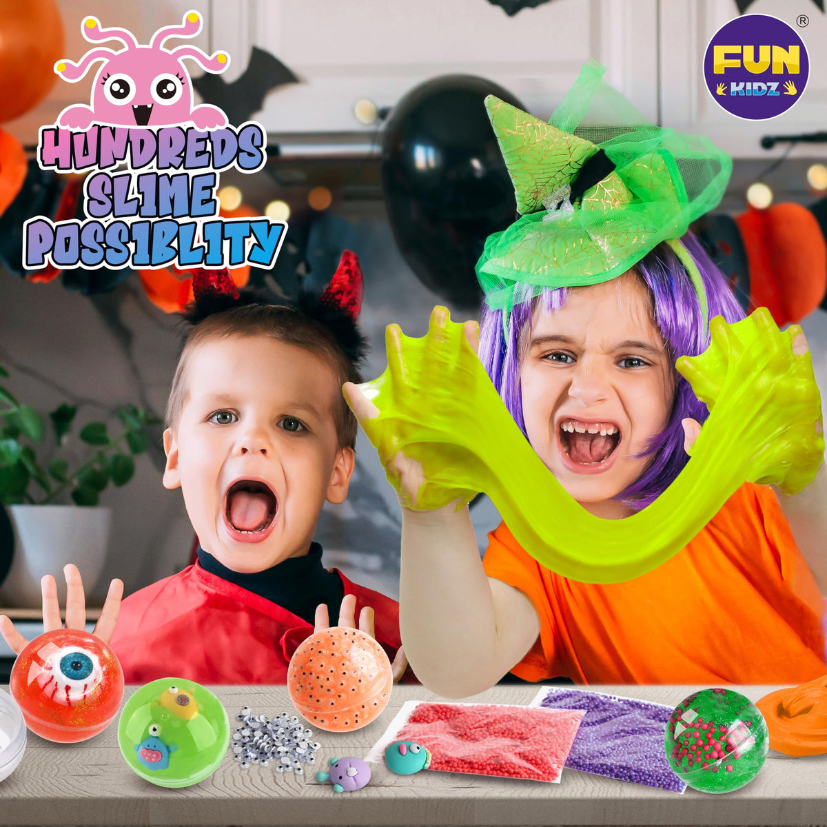 FUN KIDZ eye slime embellished ball demonstrates playful details and added character for Halloween fun.