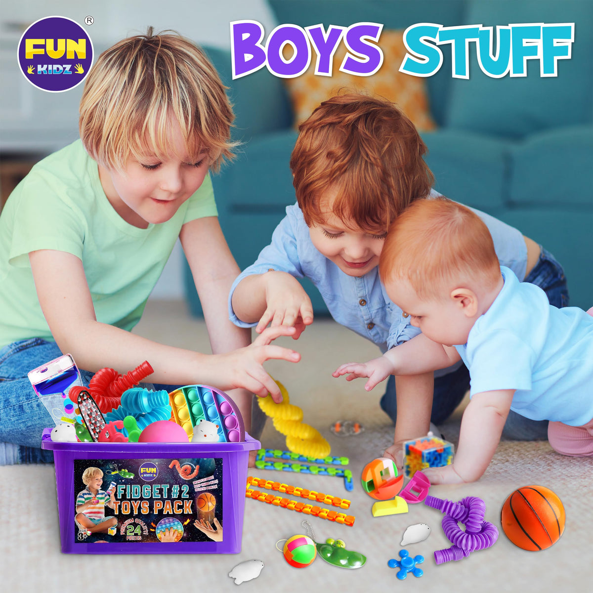 FUN KIDZ colorful tactile toys encouraging sensory exploration and portable play.