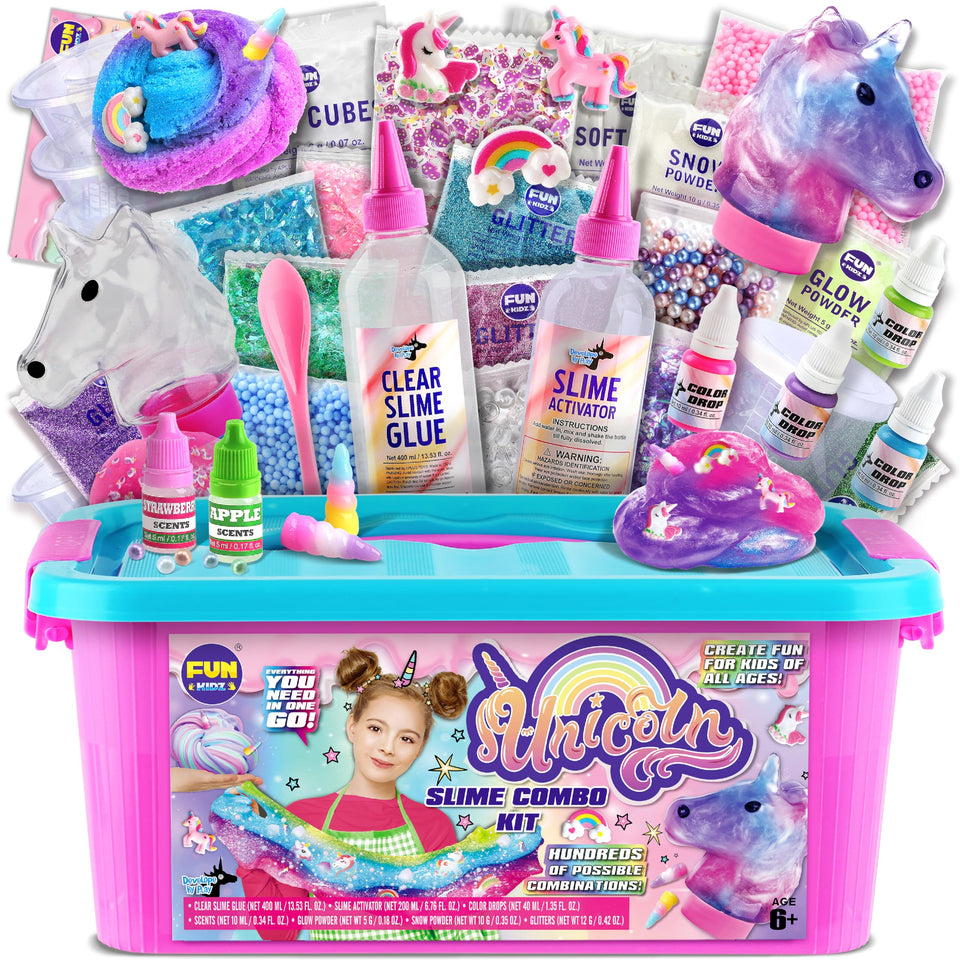 FUN KIDZ Fluffy Unicorn Slime Kit in a pink box for easy storage and play.