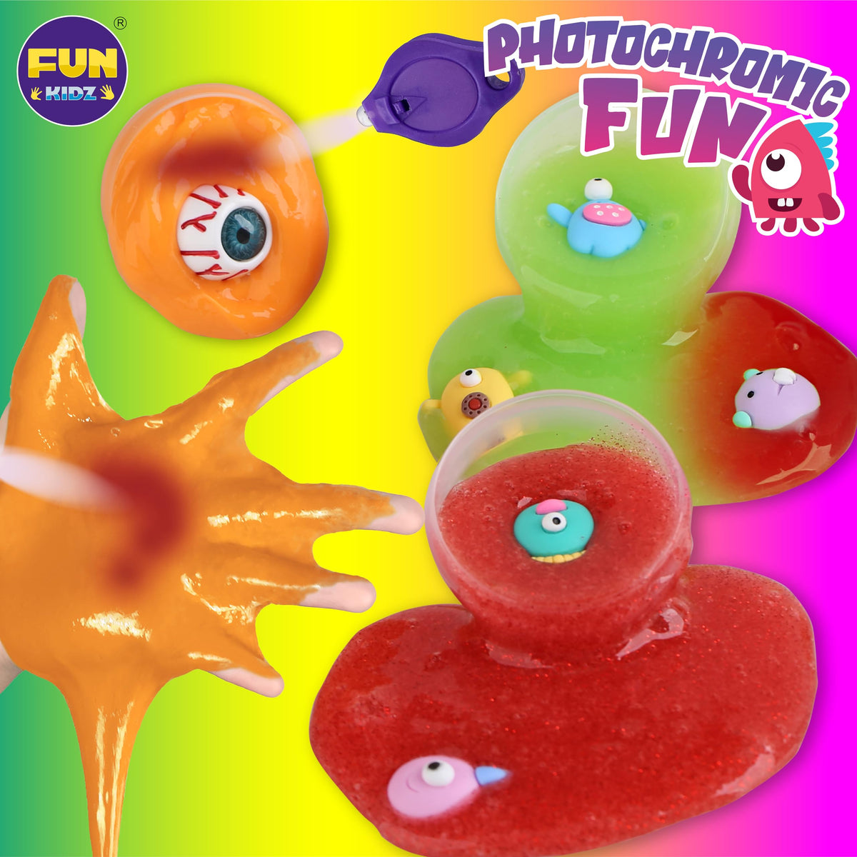 FUN KIDZ four neon colors slime ready for vivid, glow-filled experiments and creative scene-making.