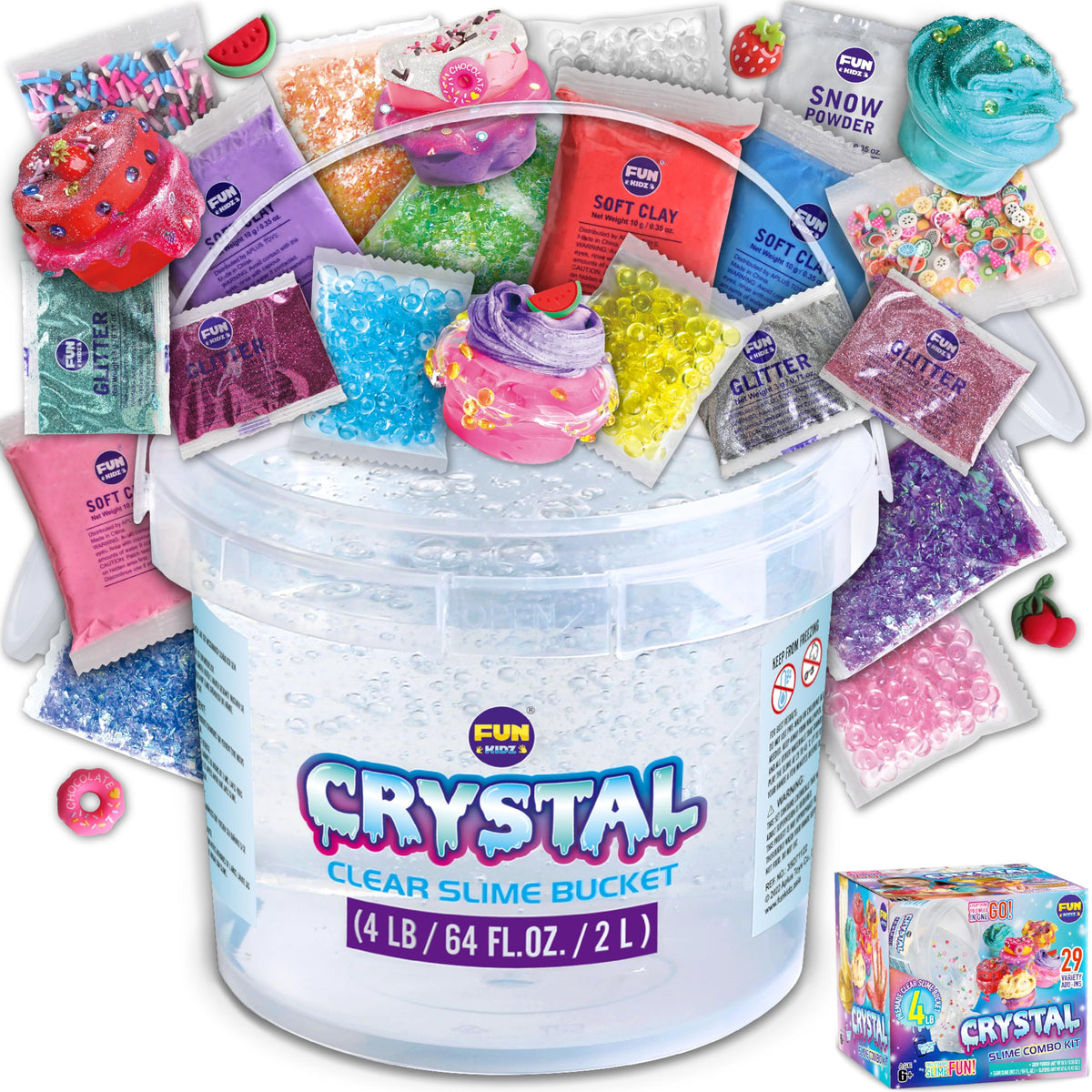 FUN KIDZ glassy clear slime bucket, 64 oz, portable play on the go.