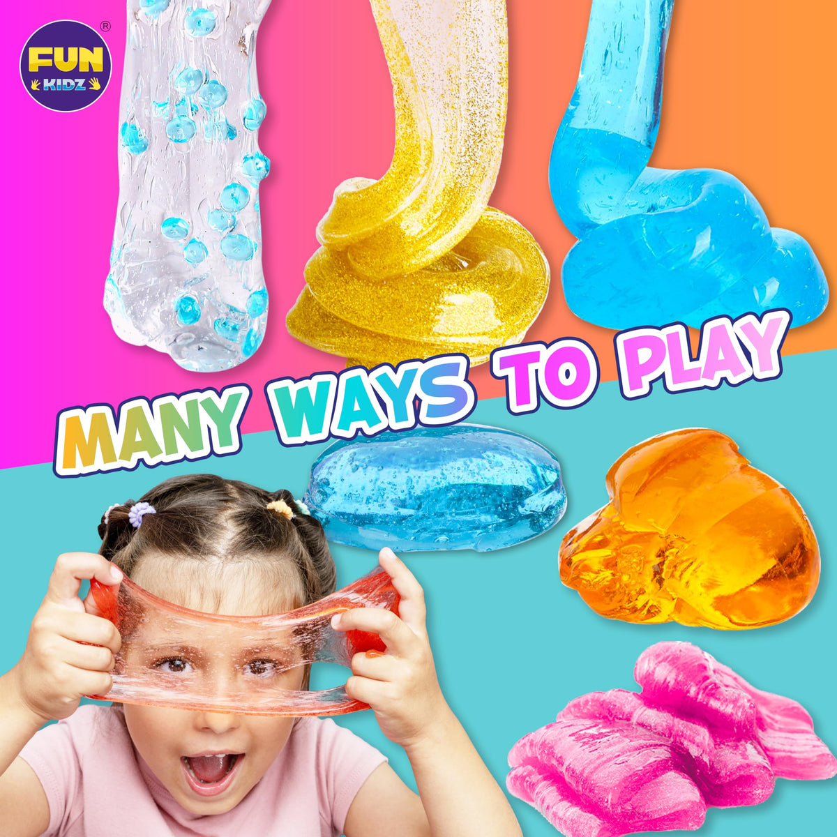FUN KIDZ glassy slime visual clarity demonstrates premium quality and satisfying squish.