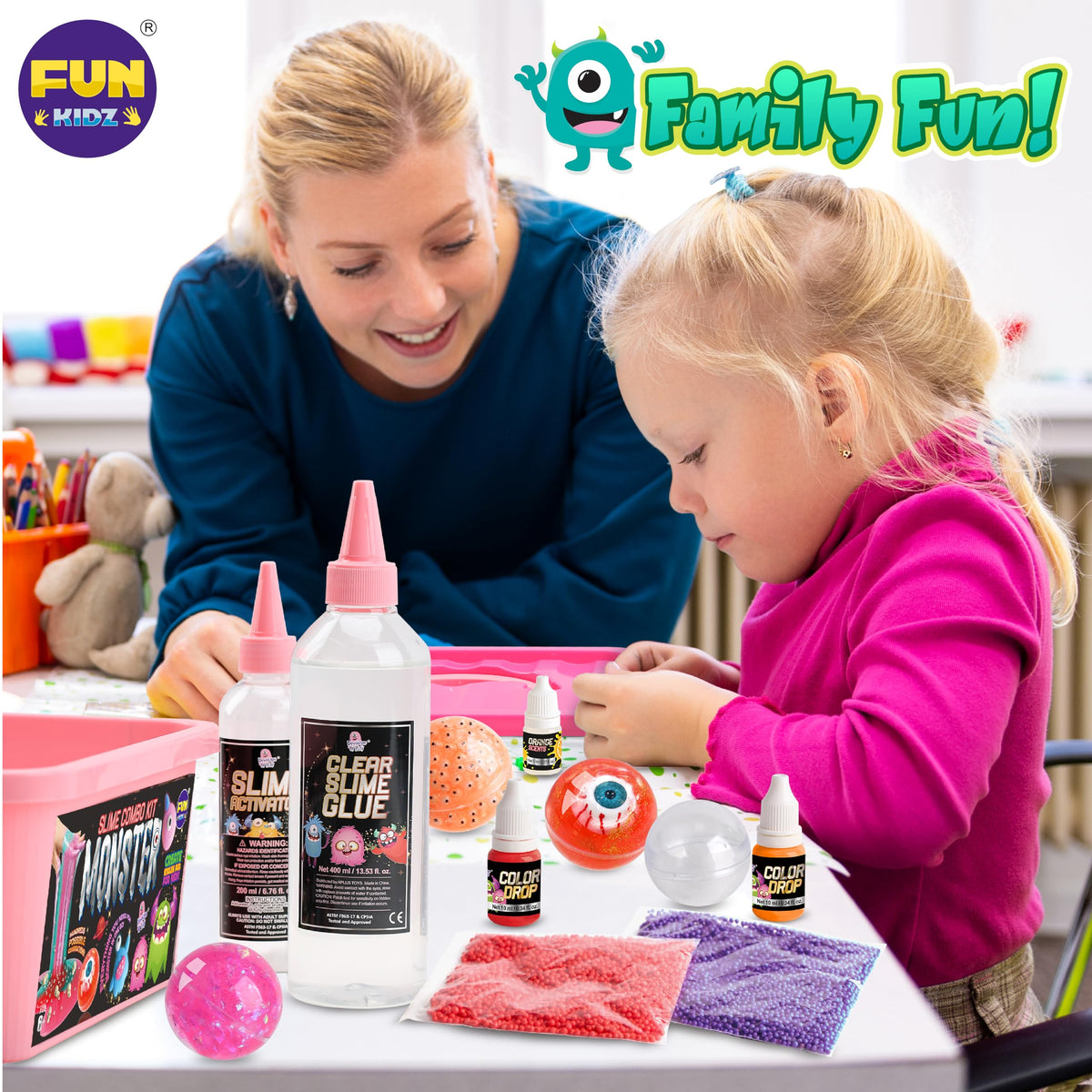FUN KIDZ monster slime creative play encourages imagination with customizable colors and monster-themed charms.