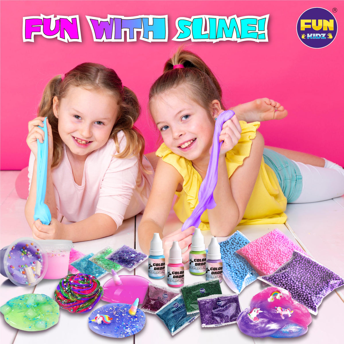 FUN KIDZ premium ingredients bottles highlight safe, washable slime supplies.