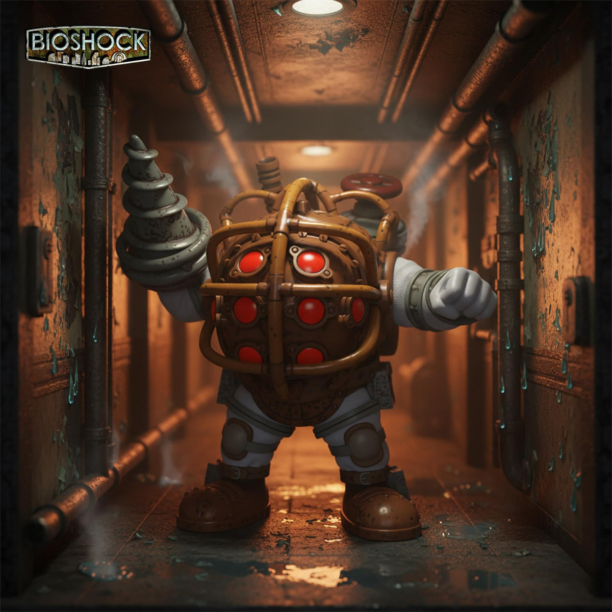 Funko Bioshock Bouncer Big Daddy figure on shelf highlighting display compatibility.