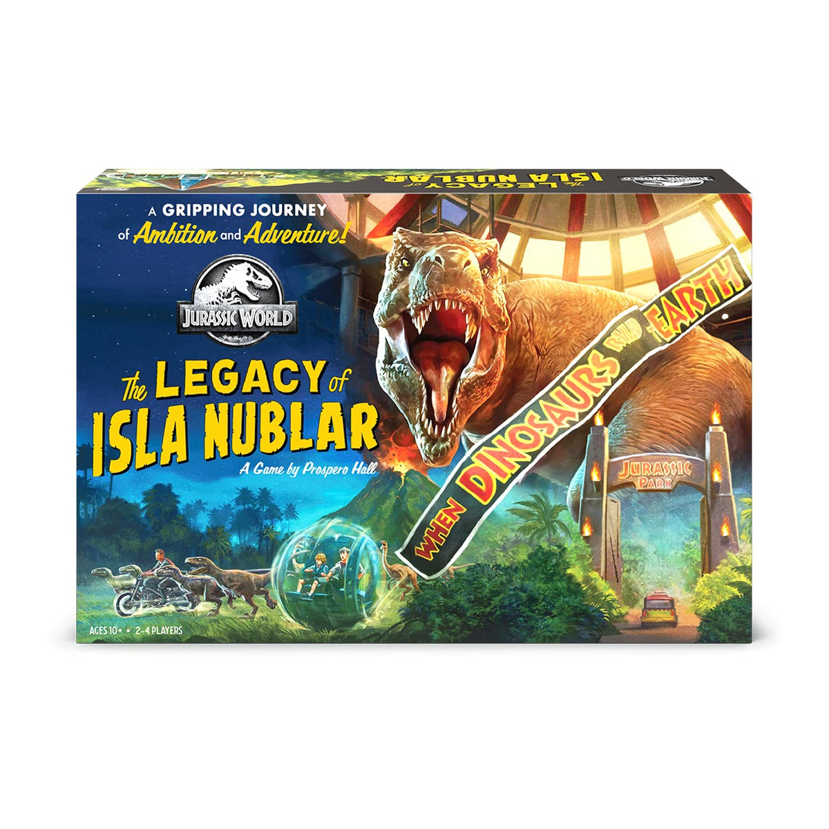 Funko Games Isla Nublar box art highlighting immersive Jurassic World theme for family game nights.
