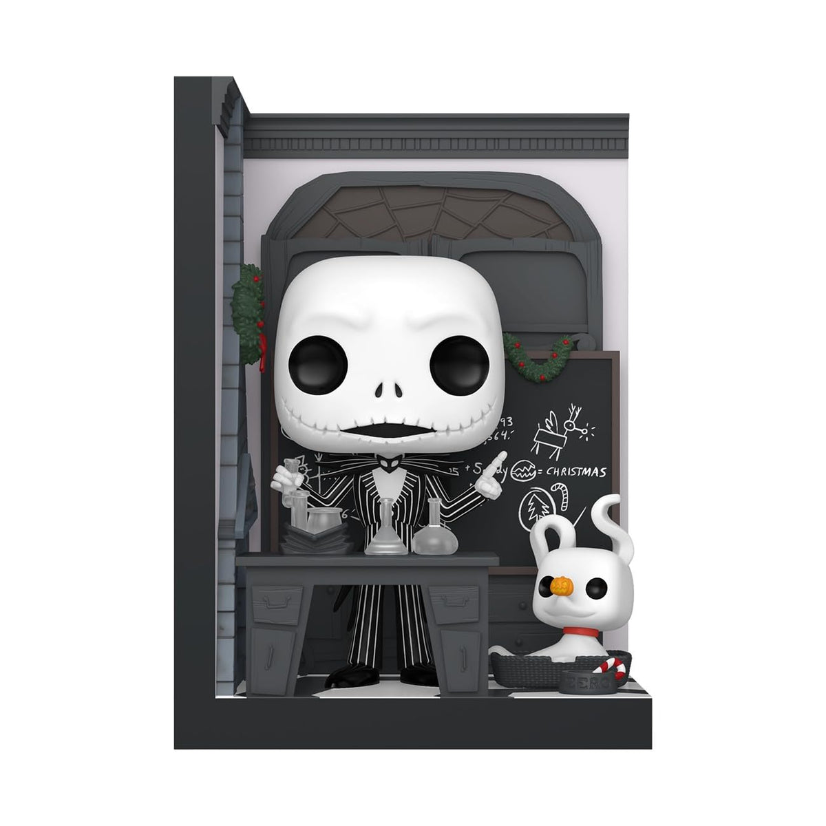 Close-up of Jack Skellington with base and backdrop supporting the display.