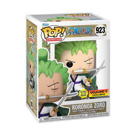 Funko POP! Animation One Piece Zoro glow-in-the-dark figure on a shelf with glow effect