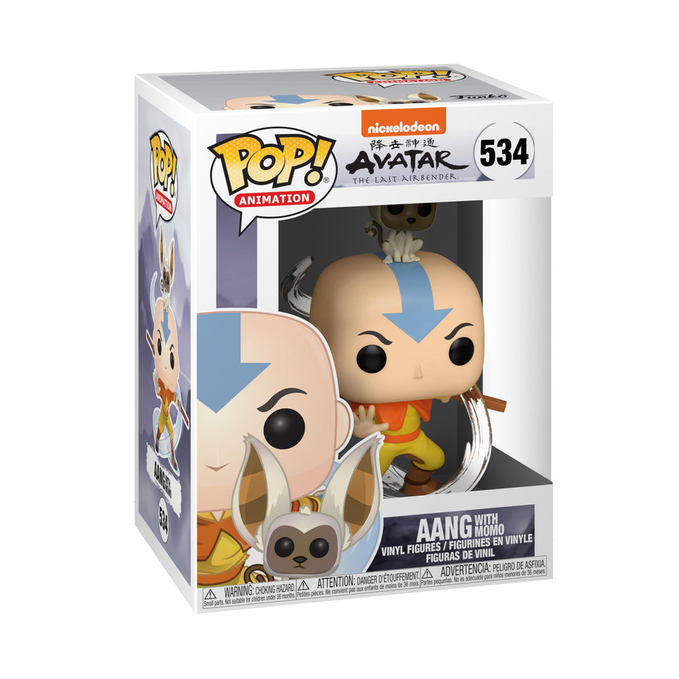 Funko Pop! Avatar Aang with Momo figure front view for shelf display.