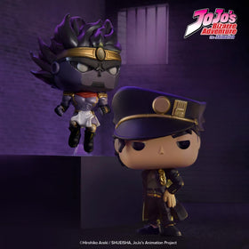 Jotaro Kujo and Star Platinum duo on a display shelf with other pops.