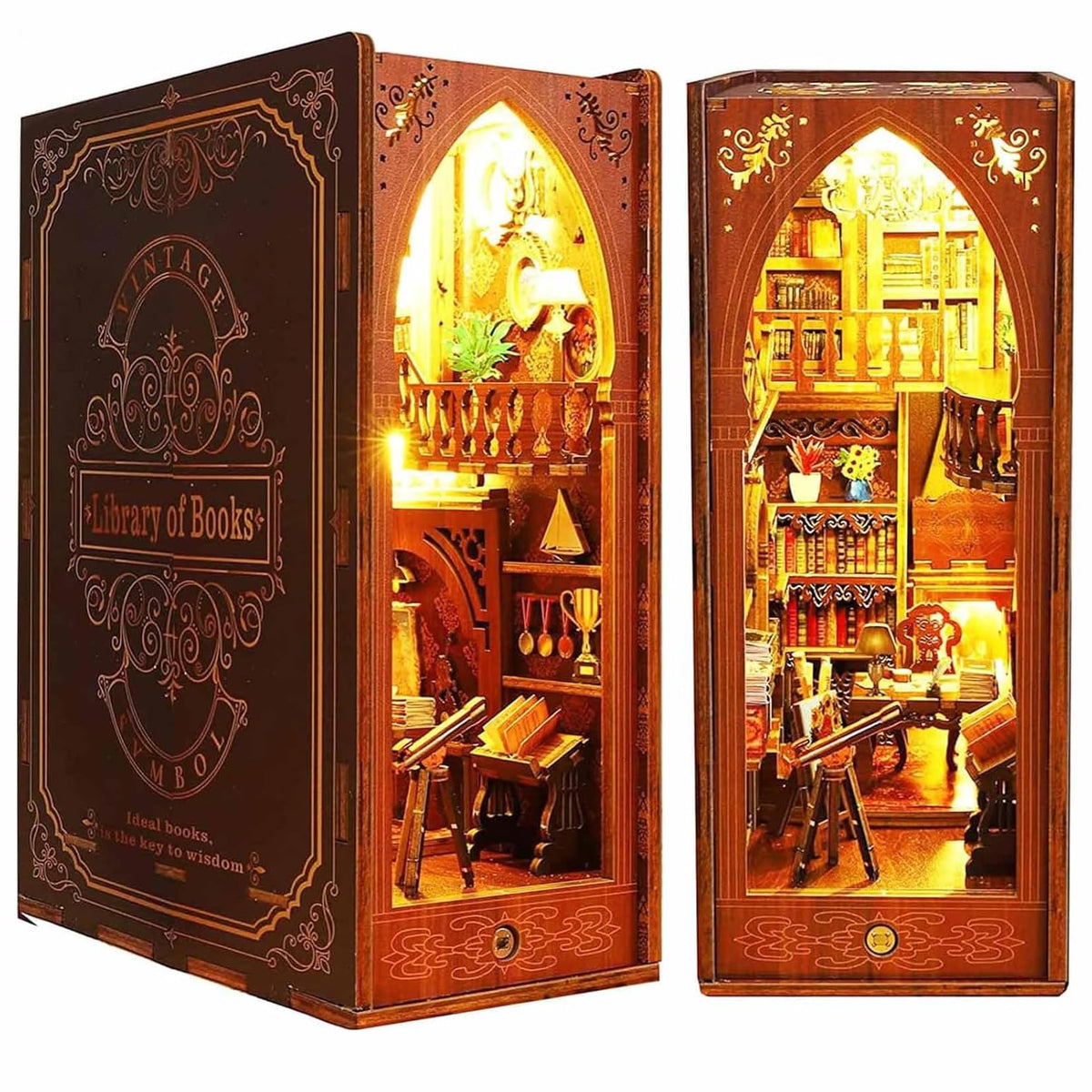 Funle Book Nook Kit library tower with two-tier shelves for stylish bookshelf decor