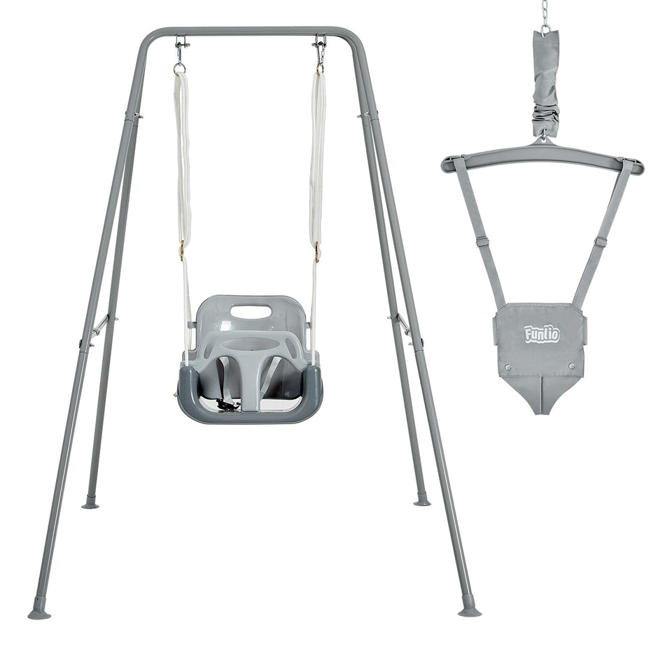 FUNLIO 2-in-1 swing set in indoor-outdoor setup, inviting active family play and movement.