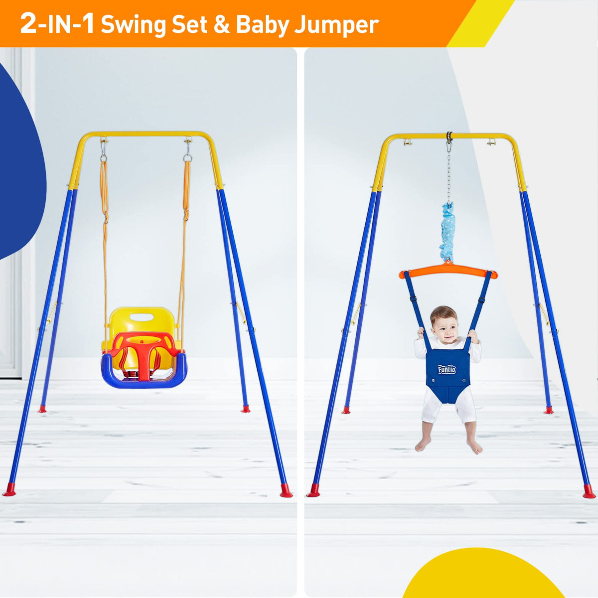 FUNLIO baby jumper with adjustable chain supports growing toddlers.