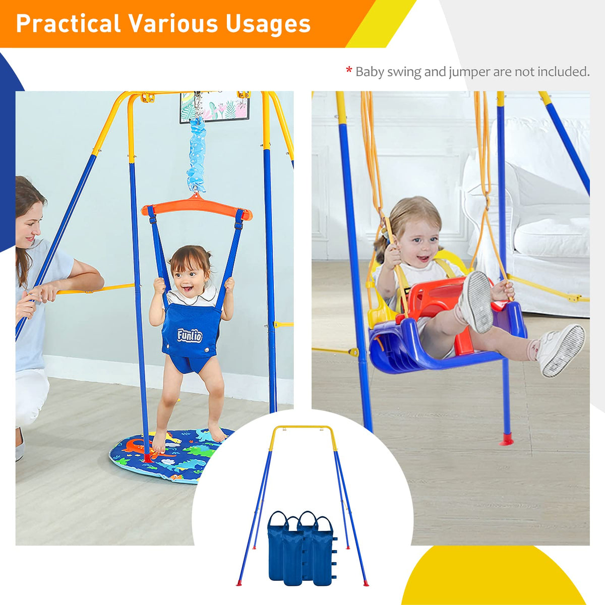 Funlio foldable swing stand front view showing easy setup and versatile placement.