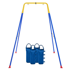 Funlio foldable swing stand side view with a stable steel frame for indoor and outdoor use.