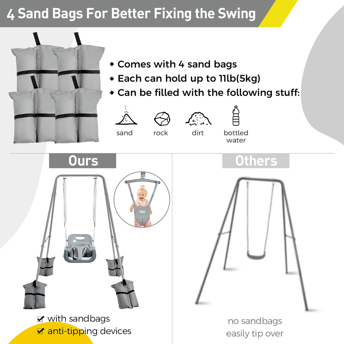 Four sandbags stabilize the FUNLIO stand for safer swinging and jumping.