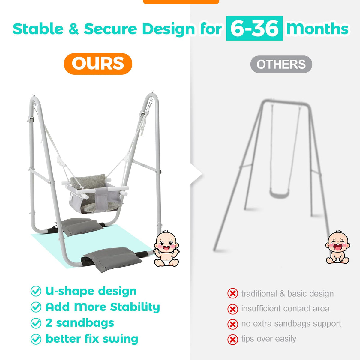 FUNLIO Sandbags keep the swing steady for outdoor use and rough-and-tumble play.