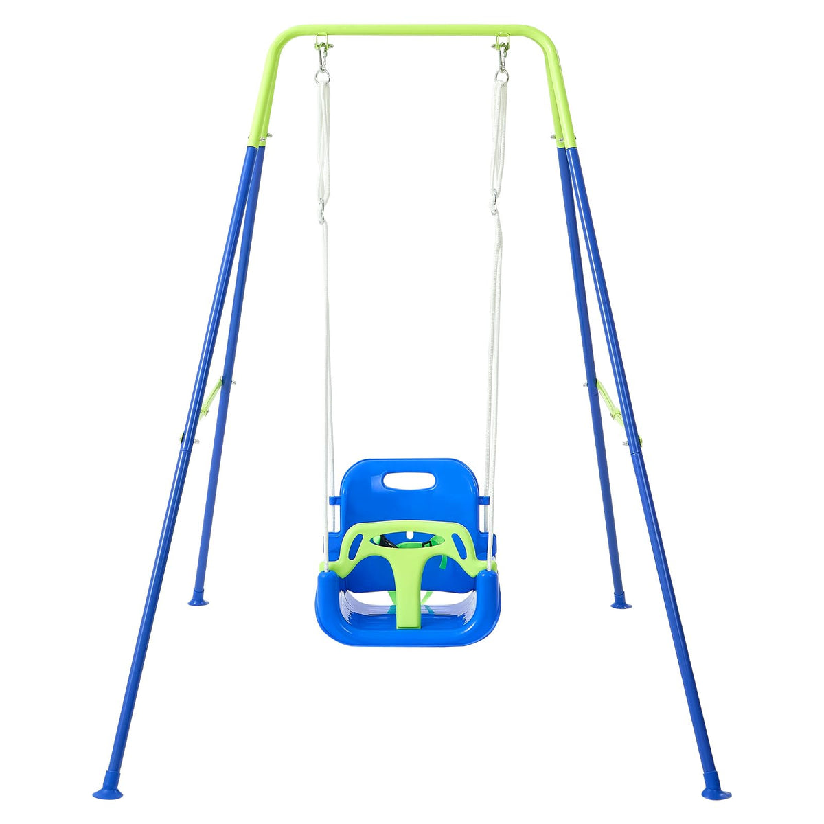 FUNLIO toddler swing with foldable bluegreen frame for versatile indoor or outdoor use.