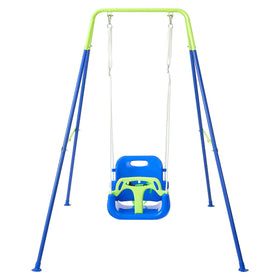 FUNLIO toddler swing with foldable bluegreen frame for versatile indoor or outdoor use.