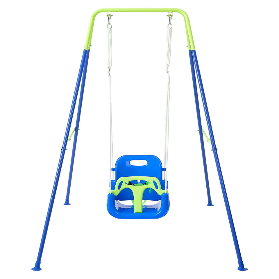 FUNLIO toddler swing with foldable bluegreen frame for versatile indoor or outdoor use.