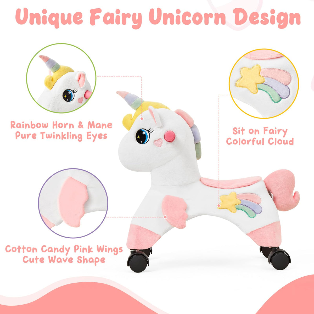 FUNLIO Unicorn Ride On Toy 360° wheels enable smooth steering.