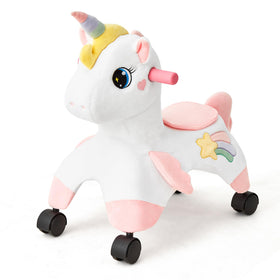 FUNLIO Unicorn Ride On Toy front view, welcoming indoor play and easy handling.