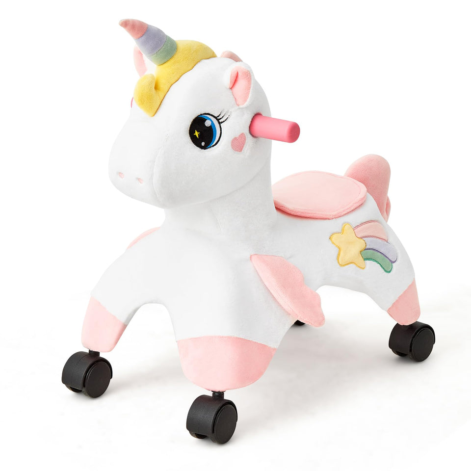 FUNLIO Unicorn Ride On Toy front view, welcoming indoor play and easy handling.