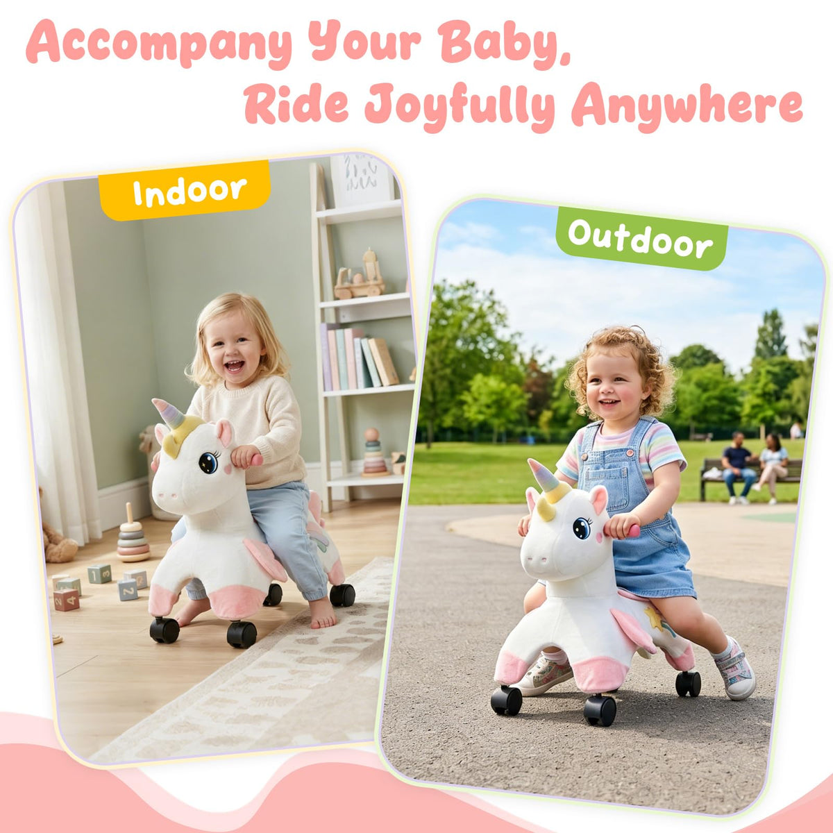 FUNLIO Unicorn Ride On Toy pink handle for tiny hands.