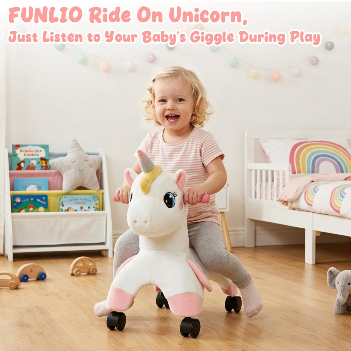 FUNLIO Unicorn Ride On Toy side view, emphasizes stability for toddlers.