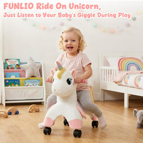 FUNLIO Unicorn Ride On Toy side view, emphasizes stability for toddlers.