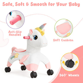FUNLIO Unicorn Ride On Toy soft cushion offers comfy seating.