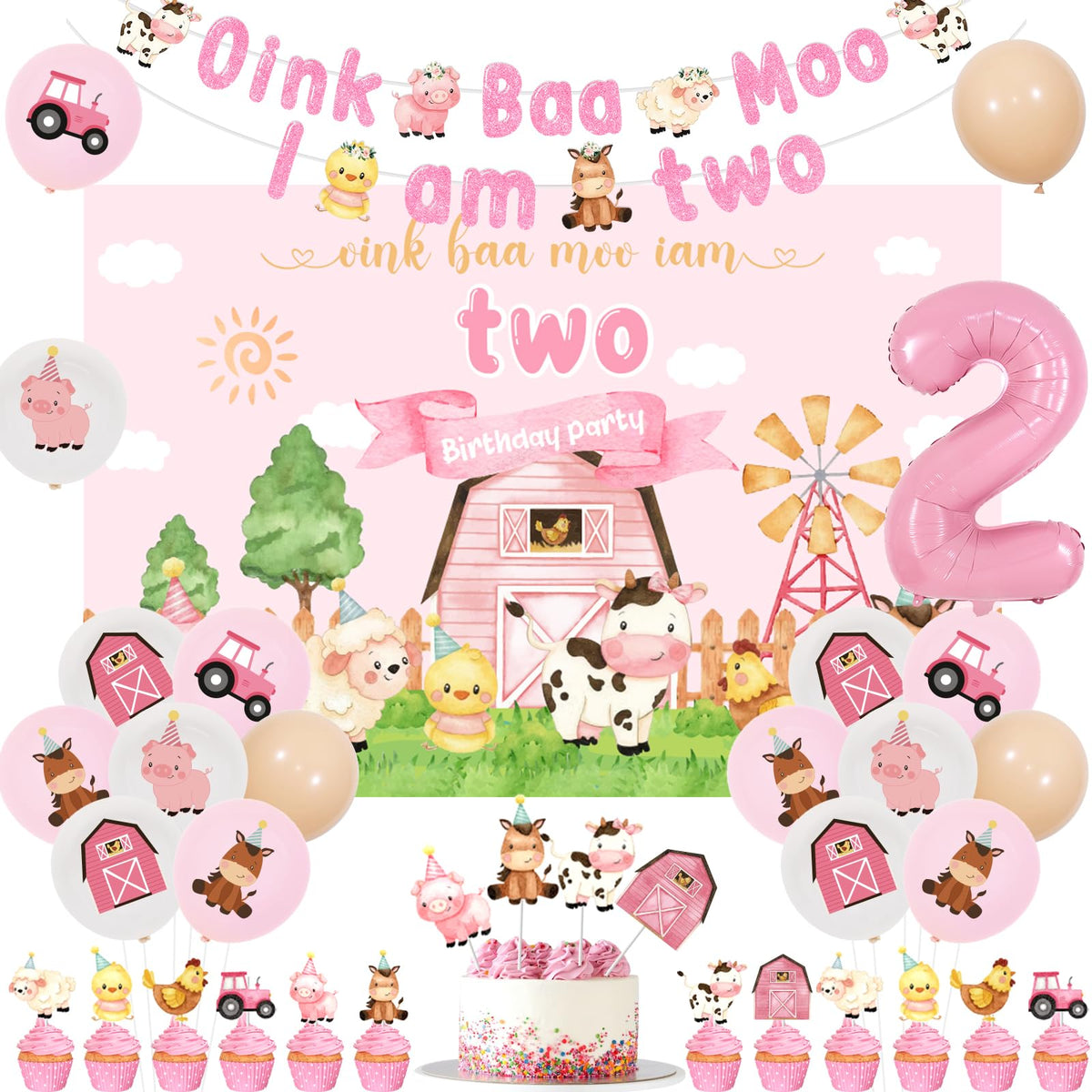 Funmemoir Oink Baa Moo Im Two backdrop for barnyard party photos