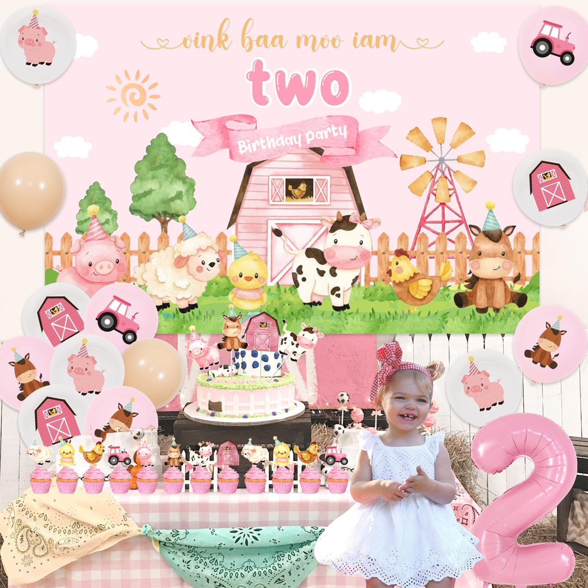 Funmemoir Oink Baa Moo Im Two banner on party table for decor