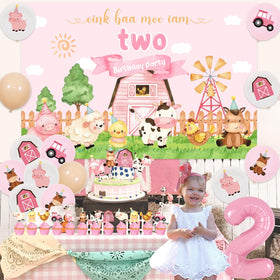 Funmemoir Oink Baa Moo Im Two banner on party table for decor