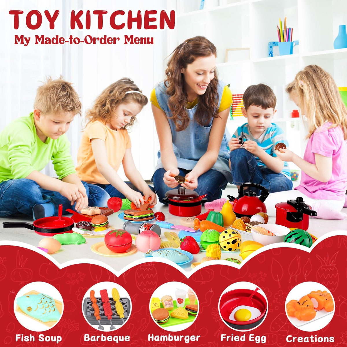 FunMission 134pcs cuttable fruits and vegetables for hands-on cutting play.