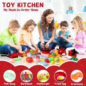 FunMission 134pcs cuttable fruits and vegetables for hands-on cutting play.