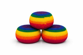 Funny Guy Mugs footbag ball balanced for kicks and catching during travel or festivals.