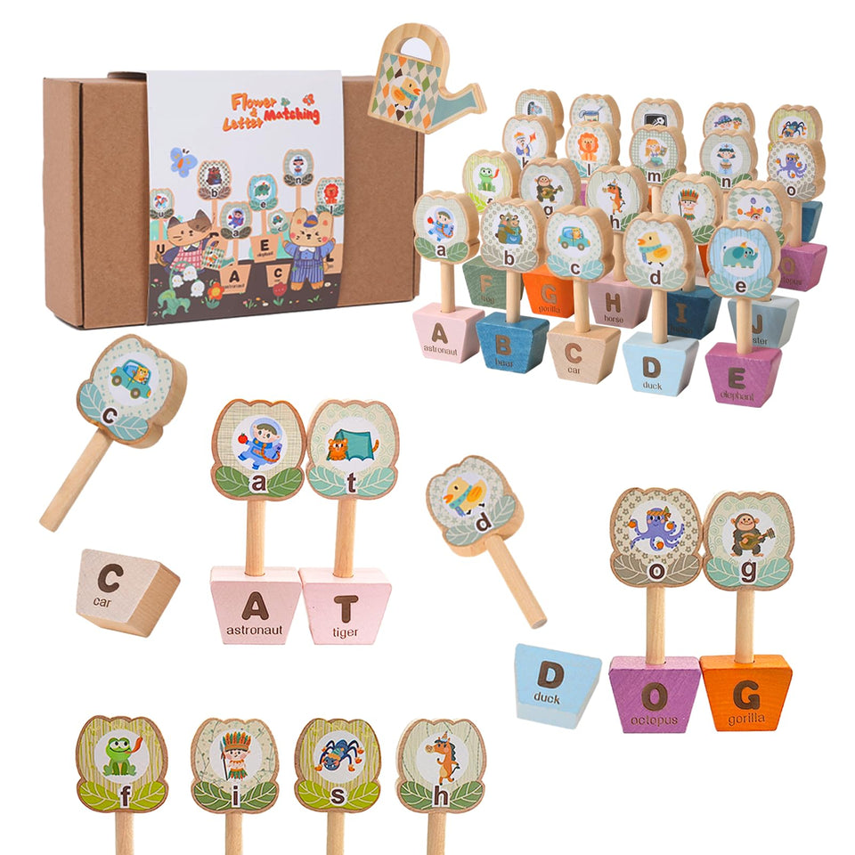 Funny Old Man Montessori ABC flower pots illustrate letter matching for early literacy and fine motor play.