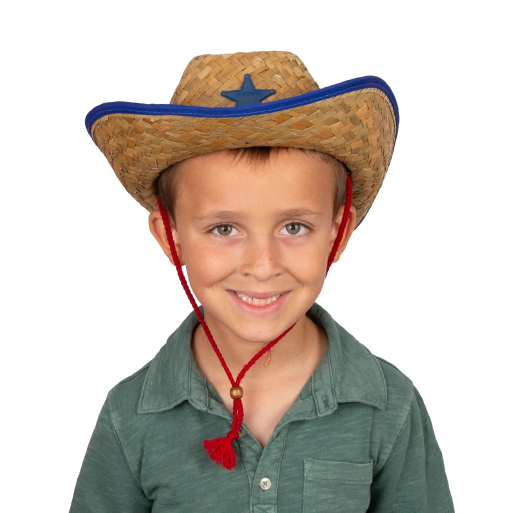 Funny Party Hats straw hat closeup with blue star and ribbon detail
