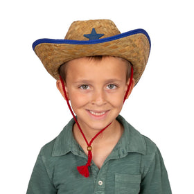 Funny Party Hats straw hat closeup with blue star and ribbon detail