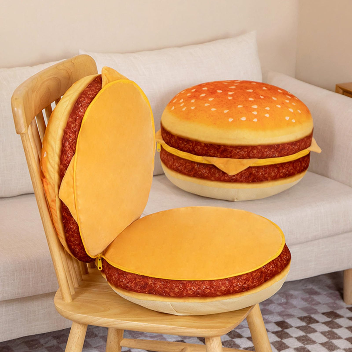 FunnyKitten Hamburger Pillow top view highlights 42 cm diameter for versatile decor.