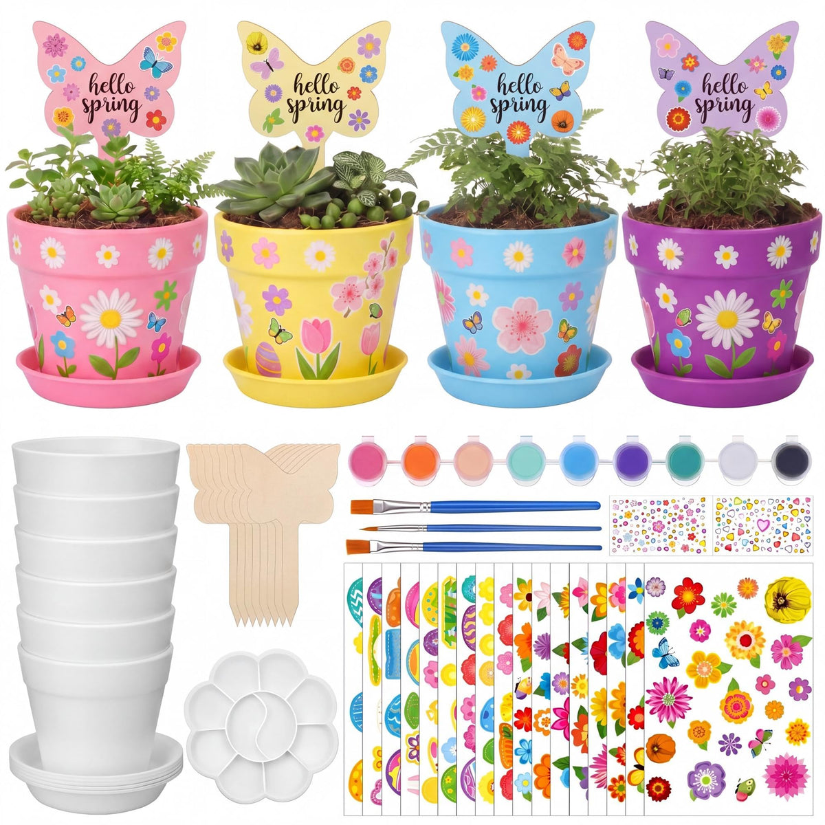 Funnymoom 48-set paintable flower pots with trays for classroom crafts and gifts.