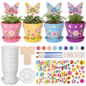 Funnymoom 48-set paintable flower pots with trays for classroom crafts and gifts.