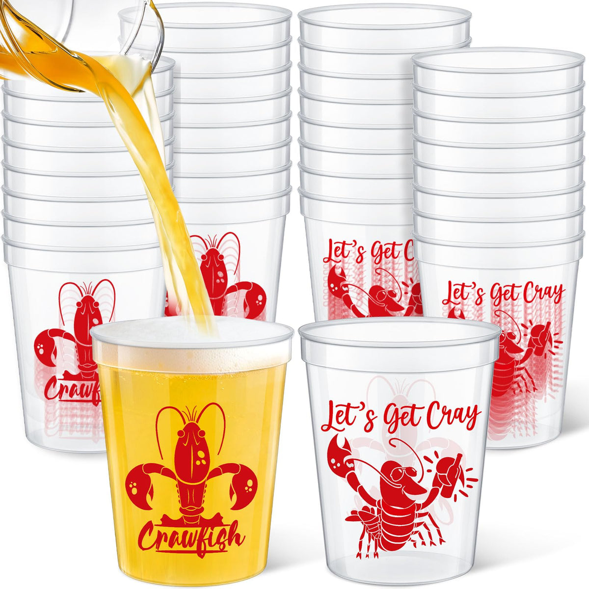 Funnymoom red crawfish cups with bold graphics for 16oz beverages
